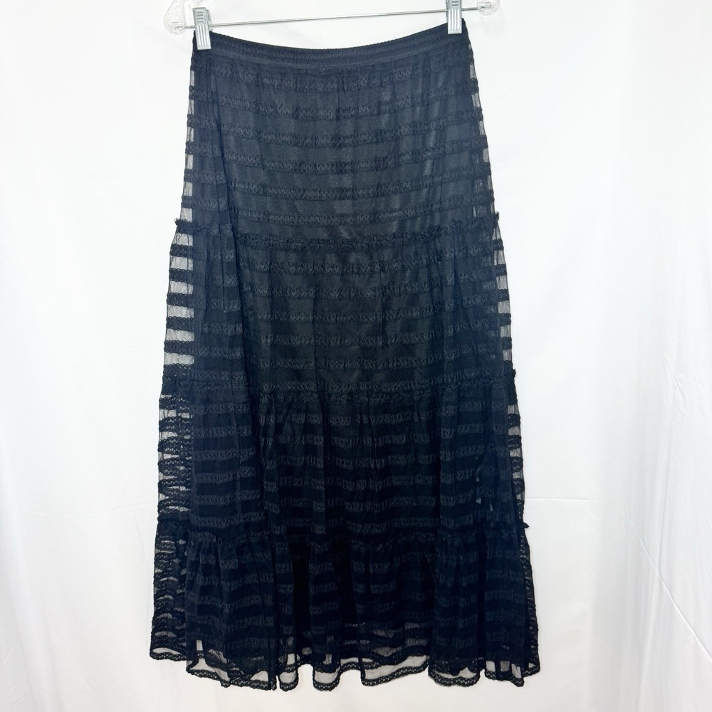 Chico's Tiered Black Sheer Lace Midi Skirt‎ M Peasant Whimsigoth Witchy Boho